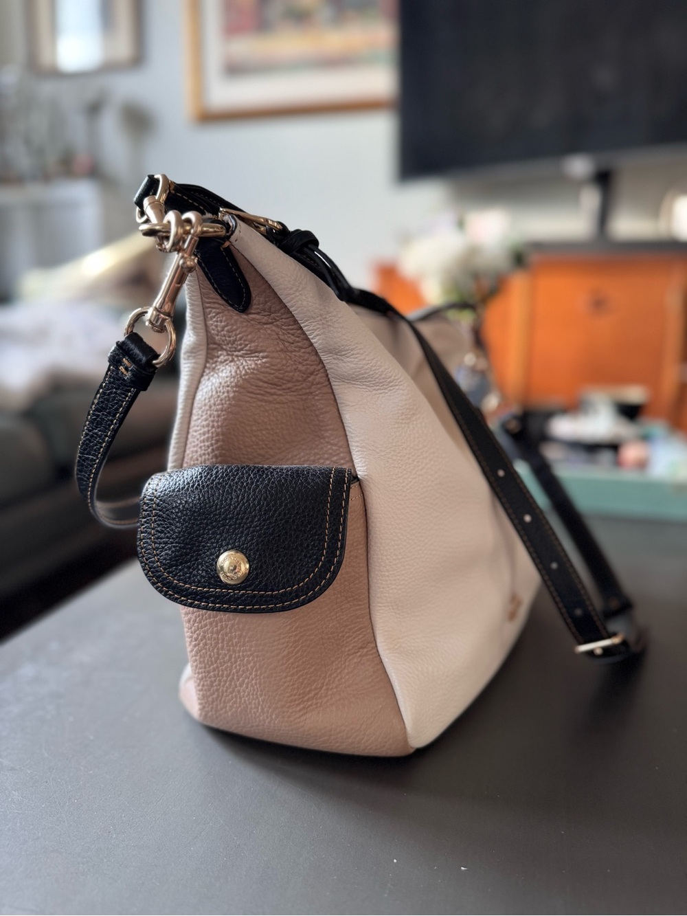 Coach Slouchy Pennie Colorblock Pebble Leather Shoulder Bag in Cream and Black - Picture 2 of 10